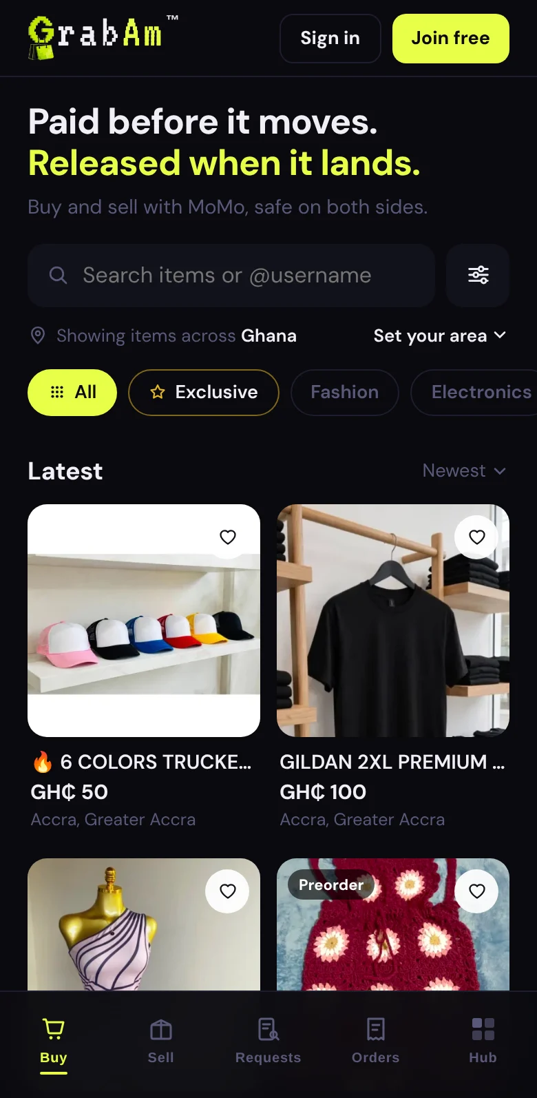 The GrabAm Buy tab: search, category chips and listing cards