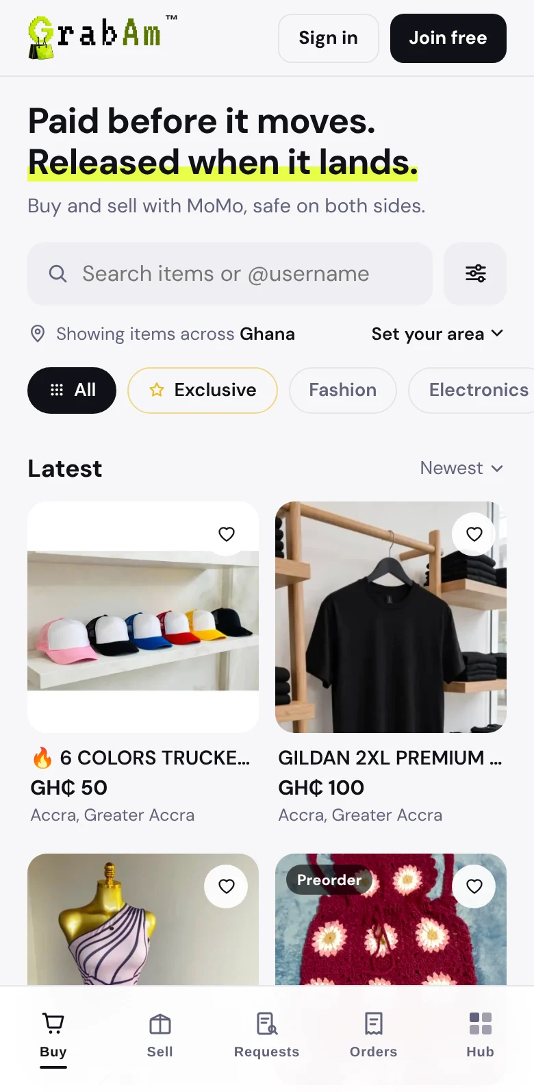 The GrabAm Buy tab: search, category chips and listing cards