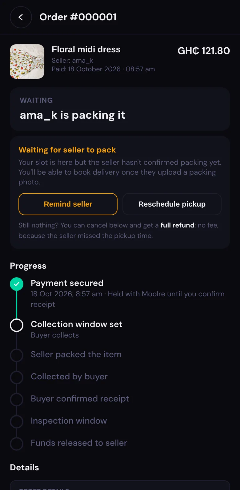 A GrabAm order page: payment secured and held with Moolre until the buyer confirms receipt