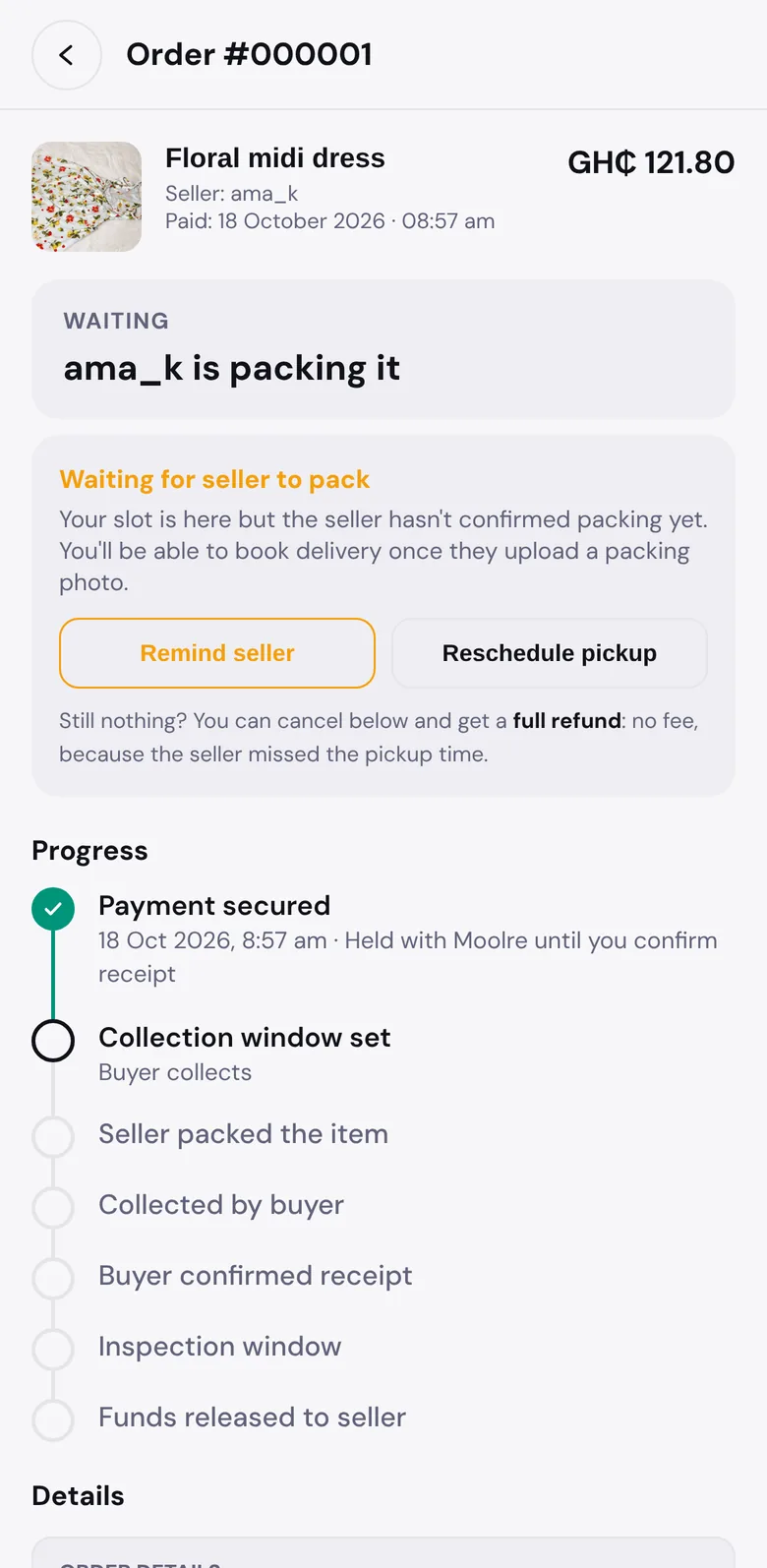 A GrabAm order page: payment secured and held with Moolre until the buyer confirms receipt