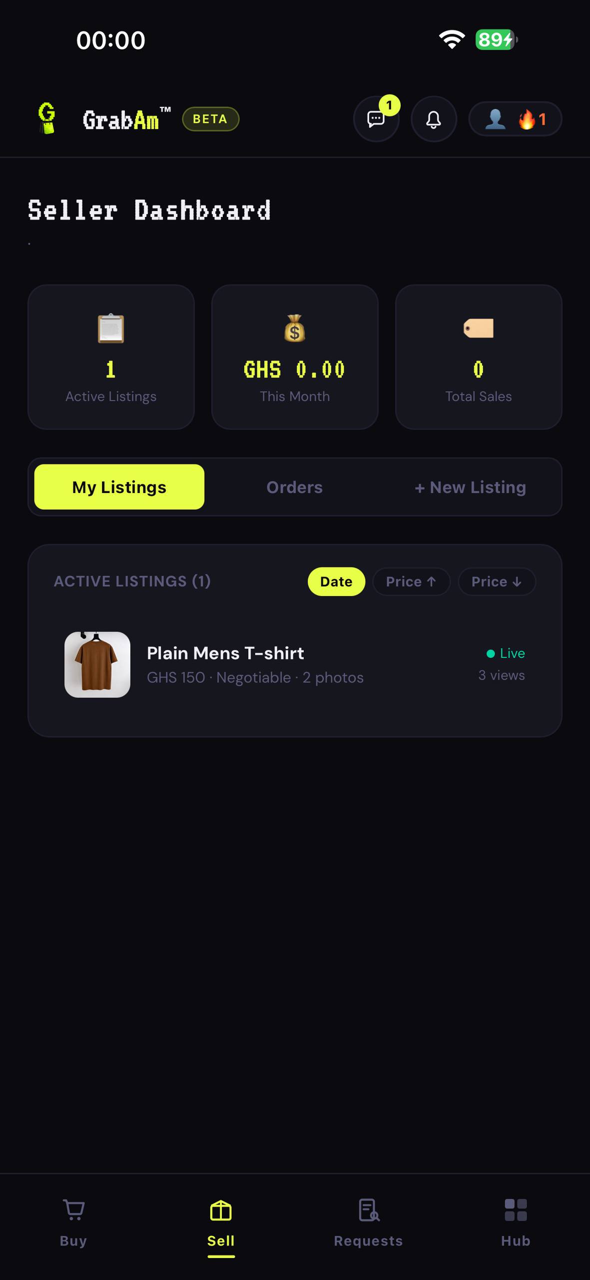 Seller dashboard on GrabAm